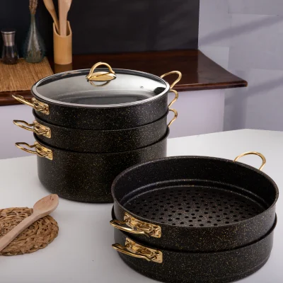 Evren 6 Parça 34 Cm Gold Stone Ezme Seri Buharlı Pişirici, Mantı Tencere Seti 12 Lt